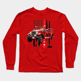 Vintage Fire Truck with Firefighter Flag Long Sleeve T-Shirt